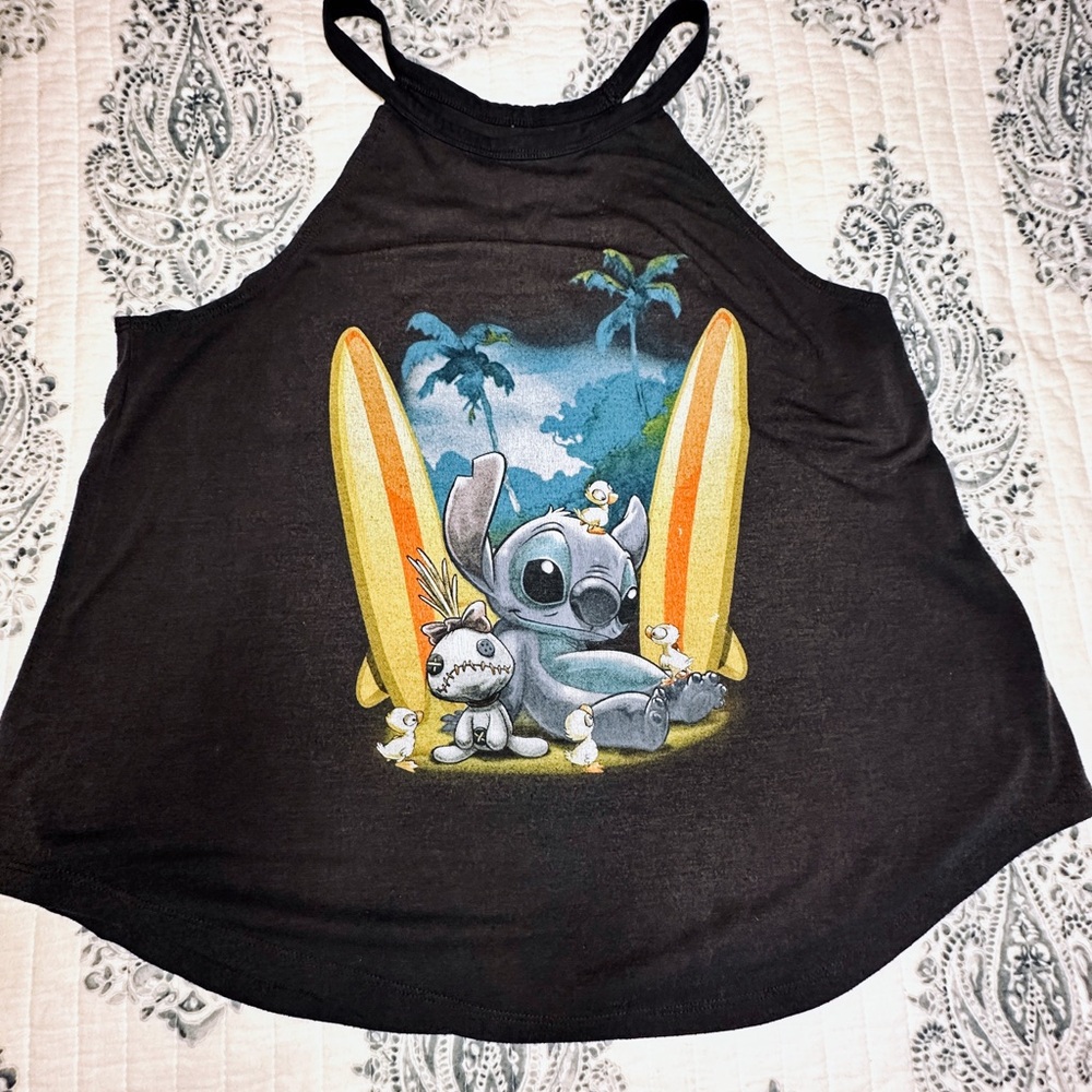 Disney Black‎ Tank Top with Stitch and Surfboards